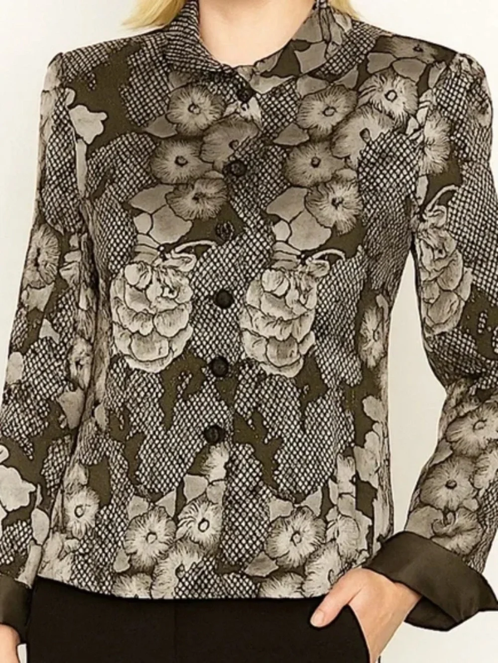 Armani Collezioni Black & Ivory Floral Print Jacket Silk linned– Size 8